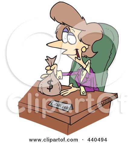 Royalty-Free (RF) Clip Art Illustration of a Cartoon Female Banker Giving A Loan by toonaday
