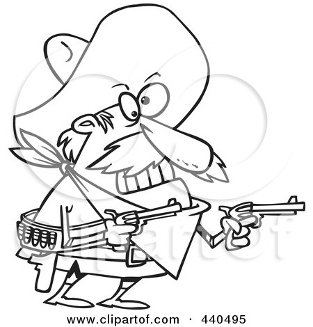 Royalty-Free (RF) Clip Art Illustration of a Cartoon Black And White Outline Design Of A Mexican Bandito Holding Pistols by toonaday