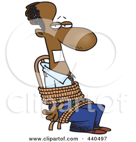 Royalty-Free (RF) Clip Art Illustration of a Cartoon Black Businessman Gagged And Tied Up To A Chair by toonaday