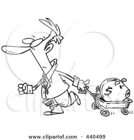 Royalty-Free (RF) Clip Art Illustration of a Cartoon Black And White Outline Design Of A Businessman Pulling A Piggy Bank In A Wagon by toonaday
