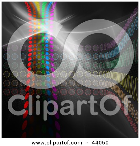Clipart Illustration of a Flare Of Light On A Background Of Rainbow Colored Dots And Circles On Black by Arena Creative