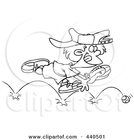 Royalty-Free (RF) Clip Art Illustration of a Cartoon Black And White Outline Design Of A Boy Chasing A Bouncing Baseball by toonaday