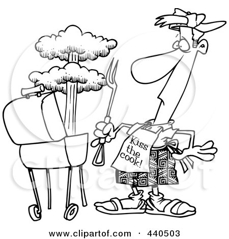 Royalty-Free (RF) Clip Art Illustration of a Cartoon Black And White Outline Design Of A Man Watching An Explosion In His Bbq by toonaday