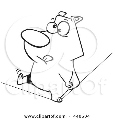 Royalty-Free (RF) Clip Art Illustration of a Cartoon Black And White Outline Design Of A Nervous Bear Walking A Tight Rope by toonaday