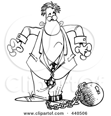 Royalty-Free (RF) Clip Art Illustration of a Cartoon Black And White Outline Design Of A Businessman Shackled To A Ball And Chain by toonaday