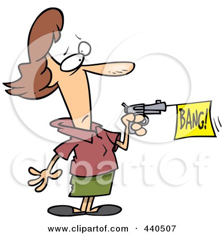 Royalty-Free (RF) Clip Art Illustration of a Cartoon Woman Shooting A Bang Banner Out Of A Gun by toonaday