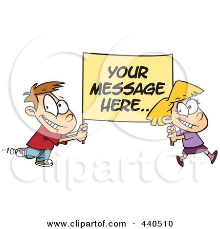 Royalty-Free (RF) Clip Art Illustration of a Cartoon Boy And Girl Carrying A Sign With Sample Text by toonaday