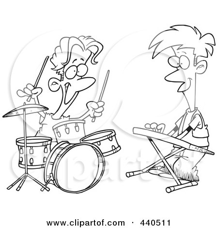 Royalty-Free (RF) Clip Art Illustration of a Cartoon Black And White Outline Design Of Boys Drumming And Keyboarding In A Band by toonaday