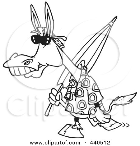 Royalty-Free (RF) Clip Art Illustration of a Cartoon Black And White Outline Design Of A Summer Donkey Carrying A Beach Umbrella by toonaday