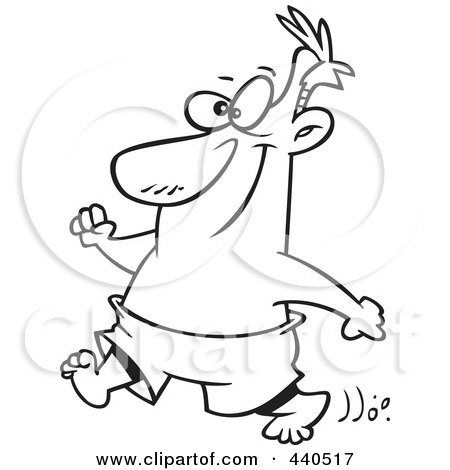 Royalty-Free (RF) Clip Art Illustration of a Cartoon Black And White Outline Design Of A Happy Man Strolling On A Beach by toonaday
