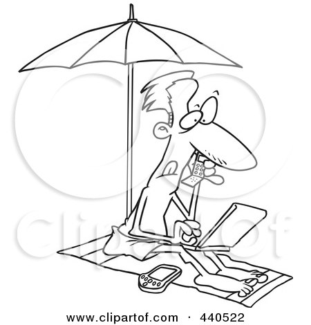 Royalty-Free (RF) Clip Art Illustration of a Cartoon Black And White Outline Design Of A Man Working On The Beach by toonaday