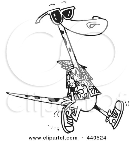 Royalty-Free (RF) Clip Art Illustration of a Cartoon Black And White Outline Design Of A Summer Lizard Walking On A Beach by toonaday