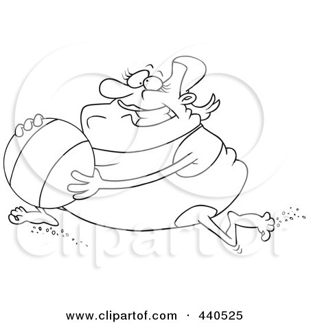 Royalty-Free (RF) Clip Art Illustration of a Cartoon Black And White Outline Design Of A Chubby Woman Running With A Beach Ball by toonaday