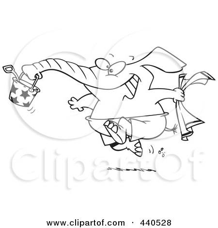 Royalty-Free (RF) Clip Art Illustration of a Cartoon Black And White Outline Design Of A Summer Elephant Running On A Beach by toonaday
