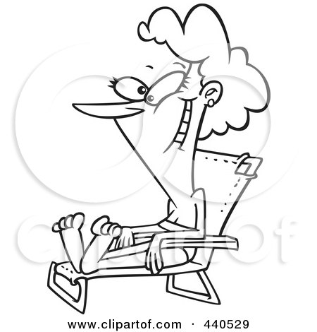 Royalty-Free (RF) Clip Art Illustration of a Cartoon Black And White Outline Design Of A Happy Woman Sun Bathing In A Beach Chair by toonaday