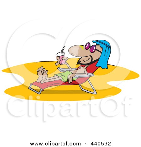 Royalty-Free (RF) Clip Art Illustration of a Cartoon Middle Eastern Man Sun Bathing On A Beach by toonaday