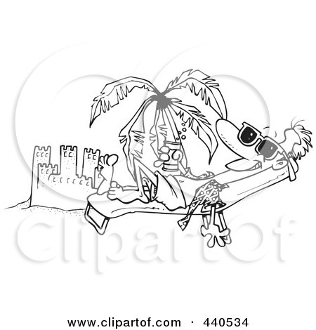 Royalty-Free (RF) Clip Art Illustration of a Cartoon Black And White Outline Design Of A Beach Bum Man Tanning By A Sand Castle by toonaday