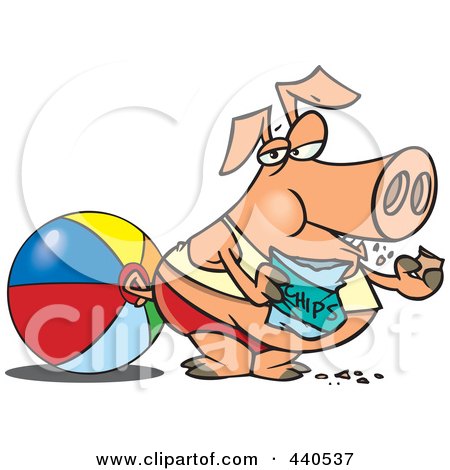 Royalty-Free (RF) Clip Art Illustration of a Cartoon Fat Pig Eating Chips On A Beach by toonaday