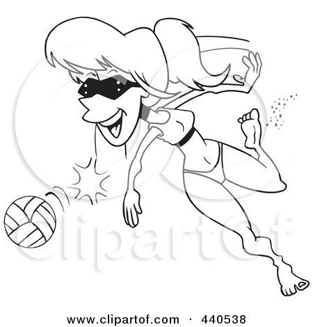 Royalty-Free (RF) Clip Art Illustration of a Cartoon Black And White Outline Design Of A Summer Woman Playing Beach Volleyball by toonaday