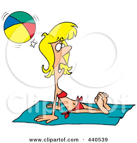 Royalty-Free (RF) Clip Art Illustration of a Cartoon Summer Woman Getting Hit By A Beach Ball While Sun Bathing by toonaday