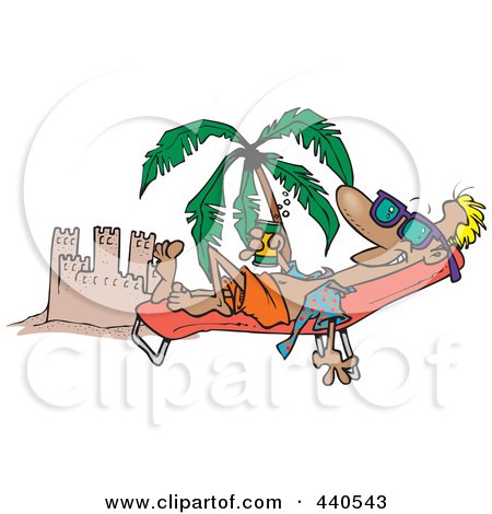 Royalty-Free (RF) Clip Art Illustration of a Cartoon Beach Bum Man Tanning By A Sand Castle by toonaday