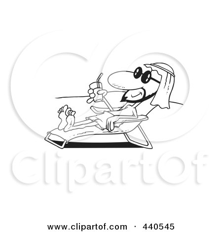 Royalty-Free (RF) Clip Art Illustration of a Cartoon Black And White Outline Design Of A Middle Eastern Man Sun Bathing On A Beach by toonaday