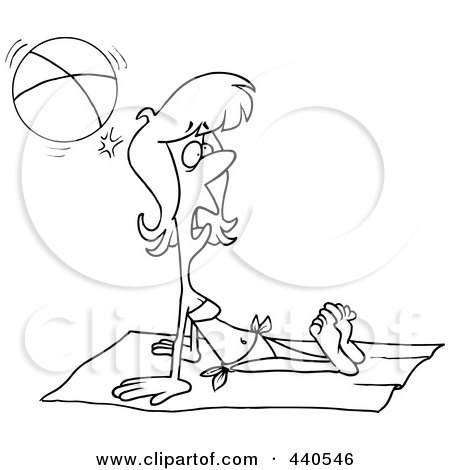 Royalty-Free (RF) Clip Art Illustration of a Cartoon Black And White Outline Design Of A Summer Woman Getting Hit By A Beach Ball While Sun Bathing by toonaday