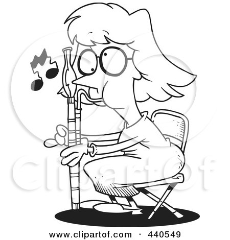 Royalty-Free (RF) Clip Art Illustration of a Cartoon Black And White Outline Design Of A Female Bassoon Player by toonaday