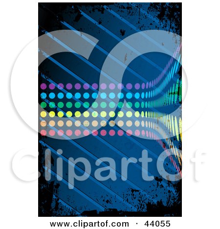 Clipart Illustration of a Wave Of Rainbow Dots Curving On A Grungy Blue And Black Background by Arena Creative