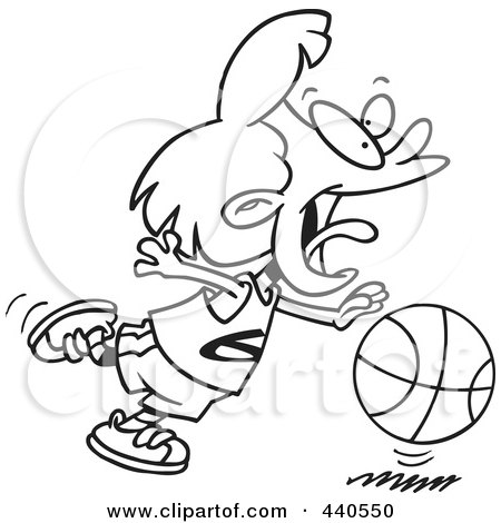 Royalty-Free (RF) Clip Art Illustration of a Cartoon Black And White Outline Design Of A Basketball Girl Dribbling by toonaday