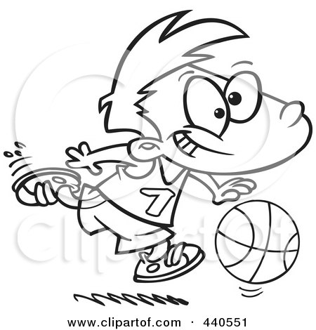 Royalty-Free (RF) Clip Art Illustration of a Cartoon Black And White Outline Design Of A Basketball Boy Dribbling by toonaday
