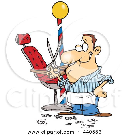 Royalty-Free (RF) Clip Art Illustration of a Cartoon Male Barber Standing By His Chair And Holding Up Scissors by toonaday