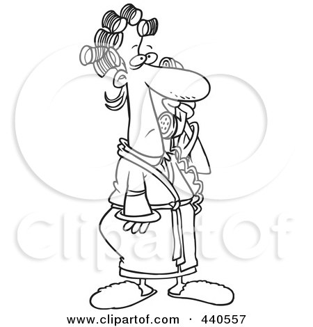 Royalty-Free (RF) Clip Art Illustration of a Cartoon Black And White Outline Design Of A Woman In Curlers And Her Robe, Answering A Phone Call by toonaday