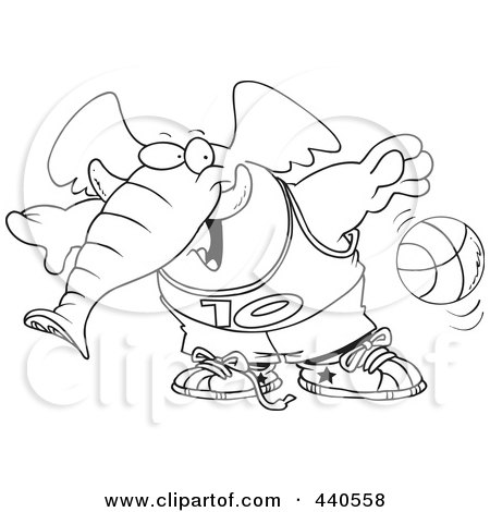 Royalty-Free (RF) Clip Art Illustration of a Cartoon Black And White Outline Design Of A Basketball Elephant by toonaday