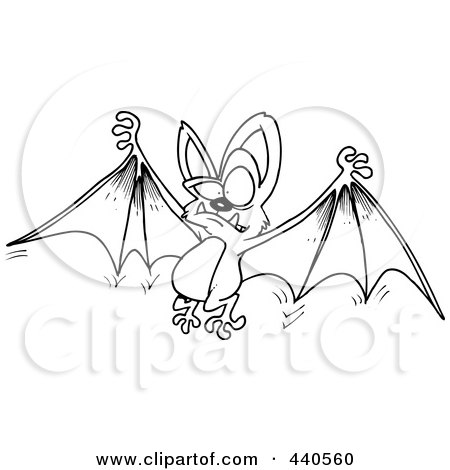 Royalty-Free (RF) Clip Art Illustration of a Cartoon Black And White Outline Design Of A Flying Bat Holding His Wings Open by toonaday