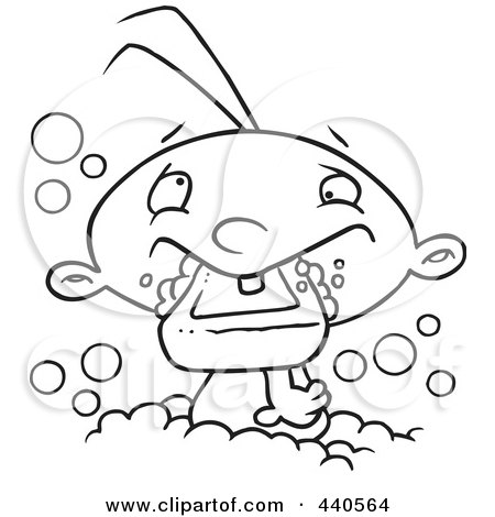 Royalty-Free (RF) Clip Art Illustration of a Cartoon Black And White Outline Design Of A Baby Boy Eating Soap In The Bath Tub by toonaday