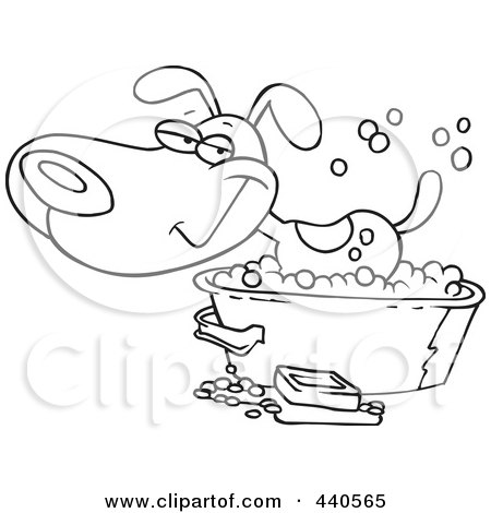 Royalty-Free (RF) Clip Art Illustration of a Cartoon Black And White Outline Design Of A Happy Dog Bathing In A Tub by toonaday