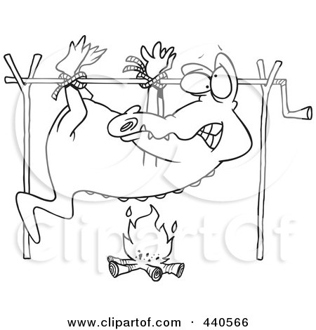 Royalty-Free (RF) Clip Art Illustration of a Cartoon Black And White Outline Design Of An Alligator Cooking Over A Camp Fire by toonaday