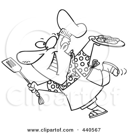 Royalty-Free (RF) Clip Art Illustration of a Cartoon Black And White Outline Design Of A Man Carrying A Plate Of Food To His Bbq by toonaday