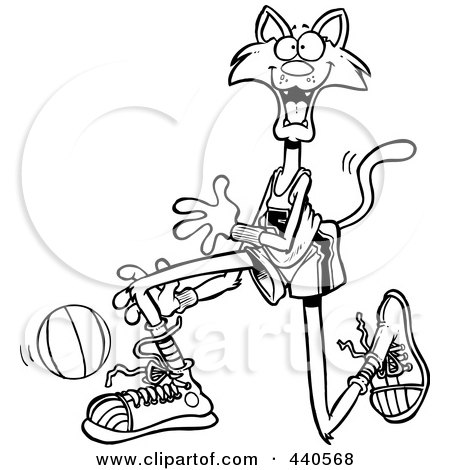 Royalty-Free (RF) Clip Art Illustration of a Cartoon Black And White Outline Design Of A Basketball Cat by toonaday