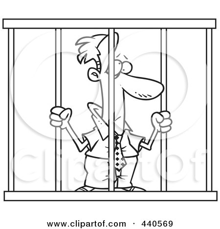 Royalty-Free (RF) Clip Art Illustration of a Cartoon Black And White Outline Design Of A Businessman Behind Bars by toonaday