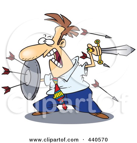 Royalty-Free (RF) Clip Art Illustration of a Cartoon Businessman Engaged In A Battle by toonaday