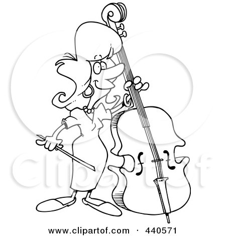 Royalty-Free (RF) Clip Art Illustration of a Cartoon Black And White Outline Design Of A Female Bass Player by toonaday