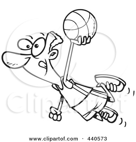 Royalty-Free (RF) Clip Art Illustration of a Cartoon Black And White Outline Design Of A Black Basketball Player Flying by toonaday
