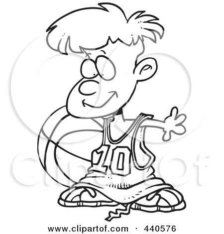 Royalty-Free (RF) Clip Art Illustration of a Cartoon Black And White Outline Design Of A Basketball Boy With A Big Ball by toonaday
