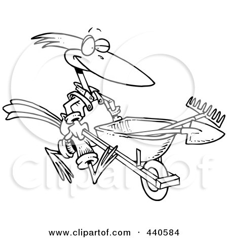 Royalty-Free (RF) Clip Art Illustration of a Cartoon Black And White Outline Design Of A Bird Landscaper Pushing A Wheel Barrow by toonaday