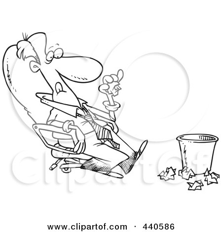 Royalty-Free (RF) Clip Art Illustration of a Cartoon Black And White Outline Design Of A Lazy Businessman Sitting In A Chair And Tossing Papers In A Waste Basket by toonaday
