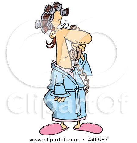 Royalty-Free (RF) Clip Art Illustration of a Cartoon Woman In Curlers And Her Robe, Answering A Phone Call by toonaday