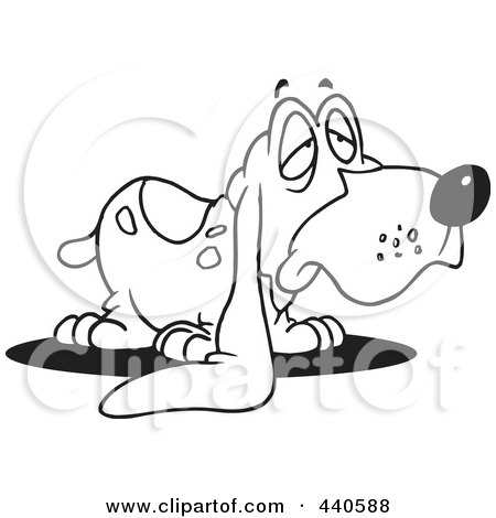Royalty-Free (RF) Clip Art Illustration of a Cartoon Black And White Outline Design Of A Droopy Eared Basset Hound by toonaday