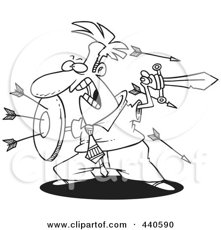 Royalty-Free (RF) Clip Art Illustration of a Cartoon Black And White Outline Design Of A Businessman Engaged In A Battle by toonaday
